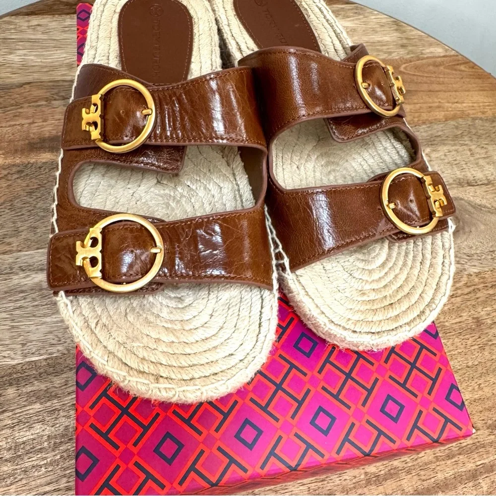 Tory Burch Selby Two Band Espadrille Slide Sandal Waxy Napa Leather Syru…